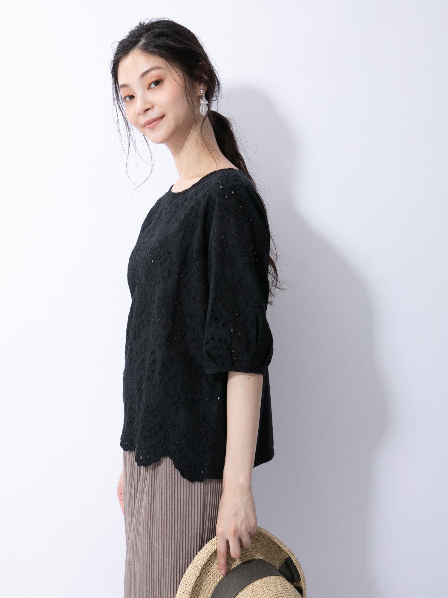 カットワーク刺繍5分袖プルオーバー[品番：GRPW0017242]｜Green