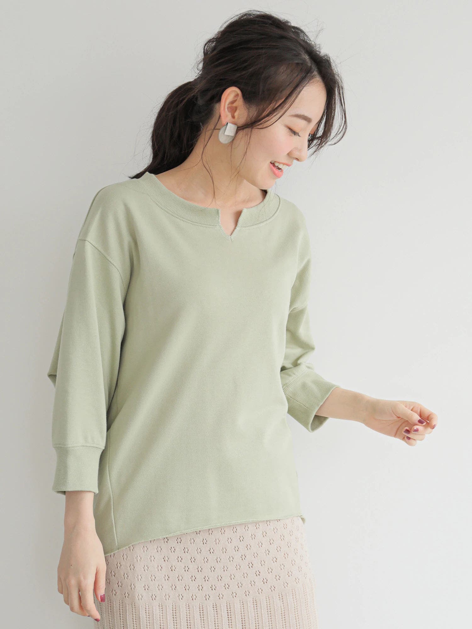 LHELBIE キーネック7分袖プルオーバー[品番：GRPW0022360]｜Green 