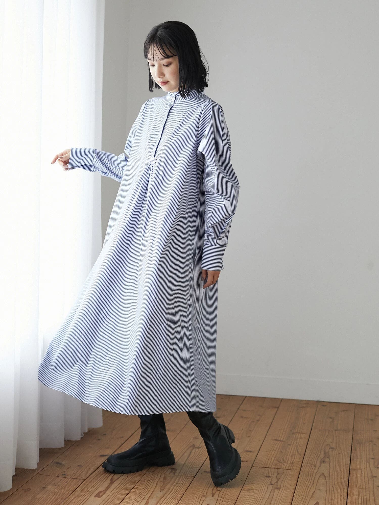 襟フリルストライプシャツワンピース[品番：GRPW0031764]｜Green Parks