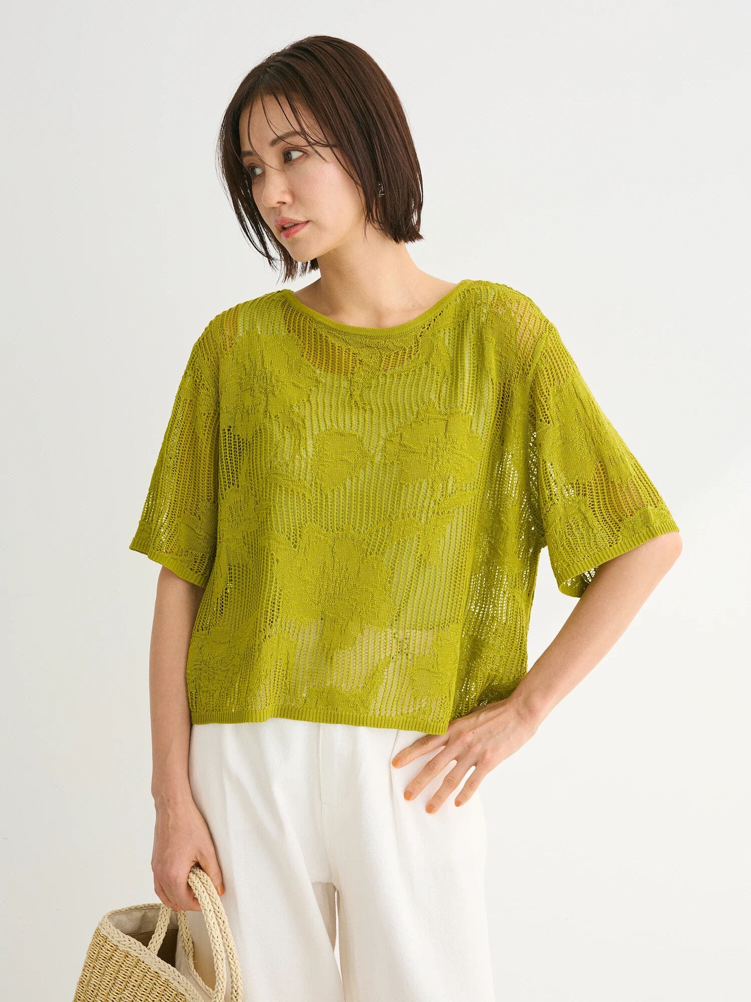花柄メッシュニットプルオーバー[品番：GRPW0044519]｜Green