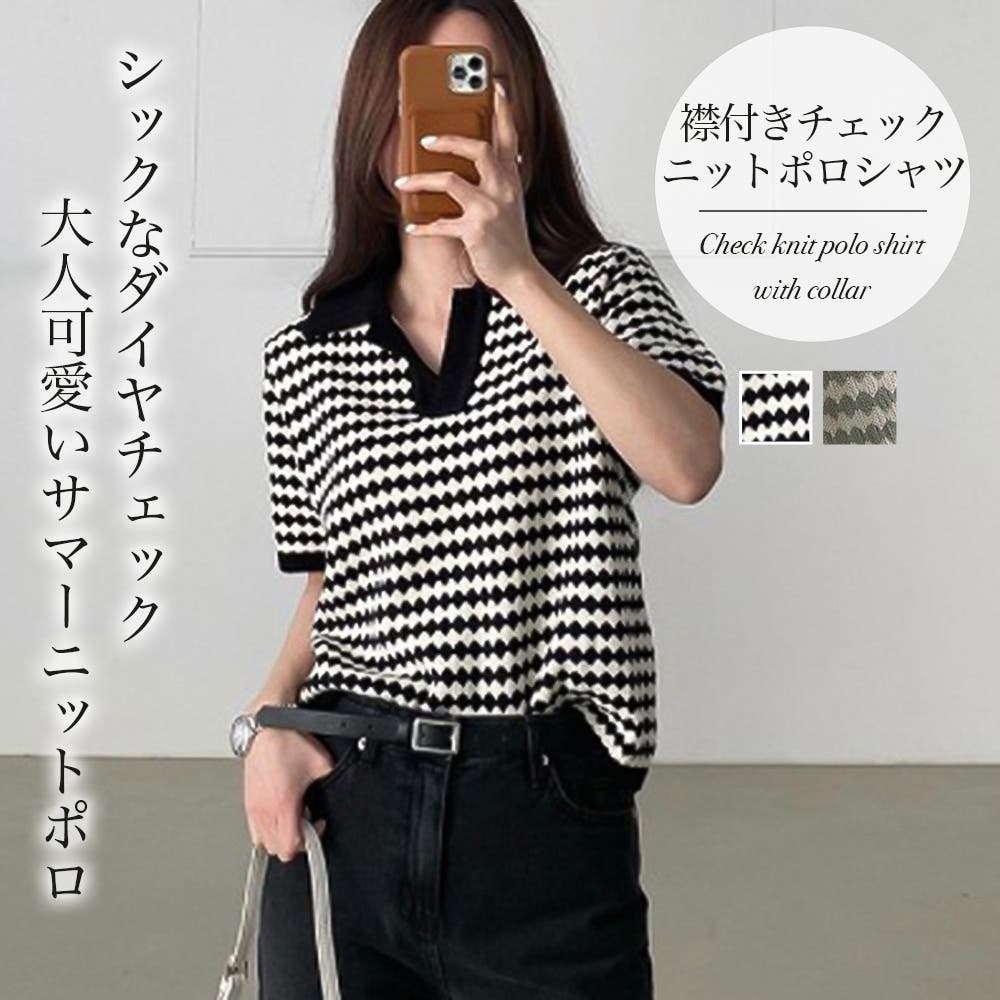 3COLOUR キュート チェック ポロ襟 ニット 半袖 ワンピース fit=scale-down,w=1200