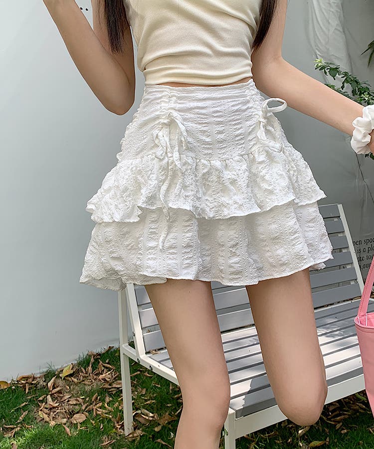 ミニスカート シアー ガーリー かわいい 全2色 韓国 L2872 ショップニコニコ ShopNikoNiko ハイウエスト ティアード レース