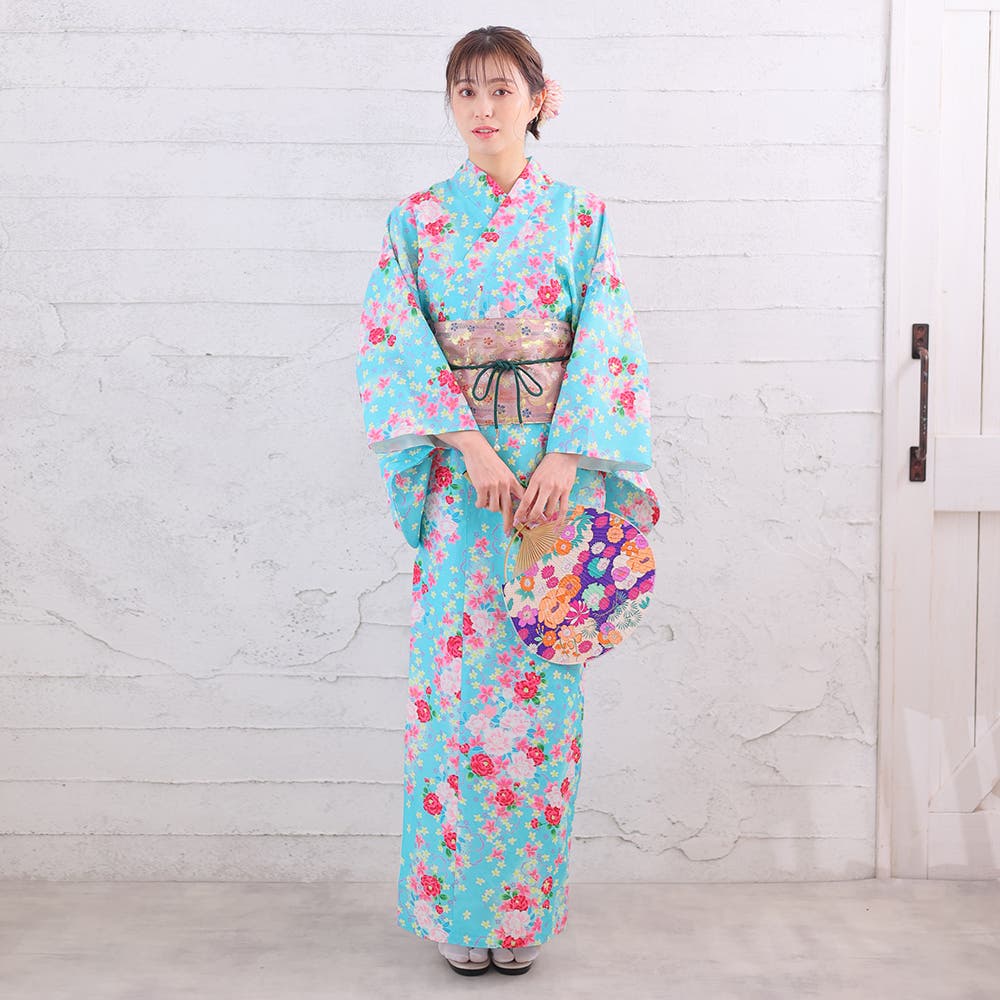 Amazon | [ANDESIR] アンデジール 浴衣 4点セット 青 桃 花柄 白