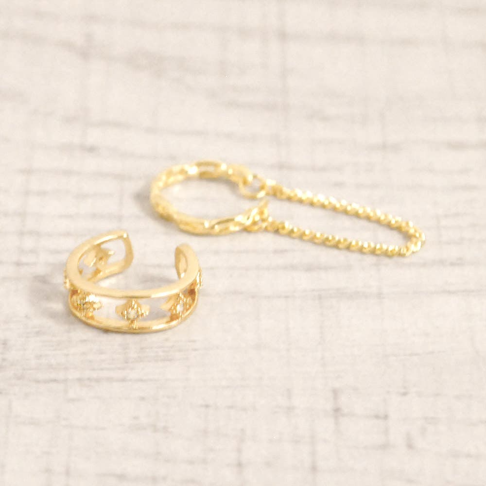 ストーン付リングチェーンイヤーカフSET 軟骨ピアスゴールドイヤリング