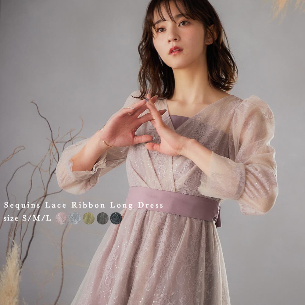 ニアナ niana プリーツ×レース 7分袖ドレス 結婚式ワンピース