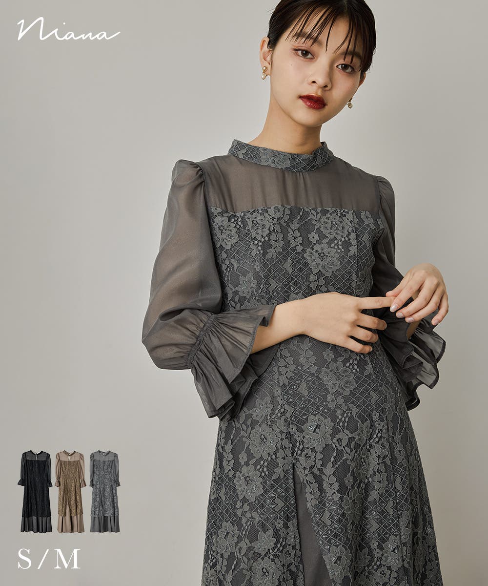 niana ニアナ シャーリングスリーブ花柄レースドレス[品番
