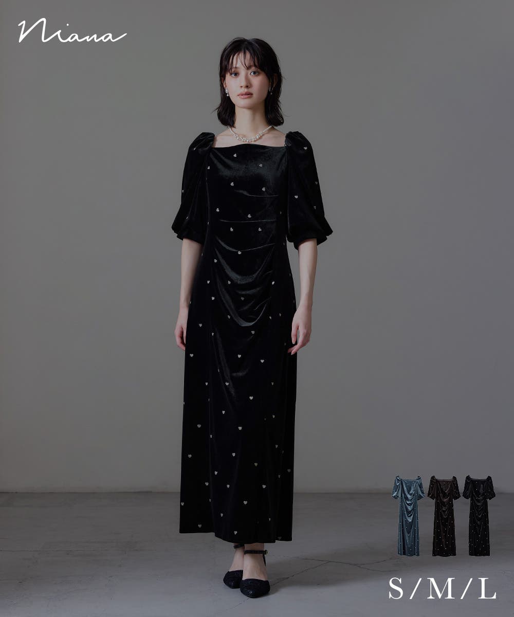 【新品タグ付き】スイートハートベロアドレス 試着のみ Lサイズ ブラック niana ニアナ スイートハートベロアドレス[品番：FT000010757