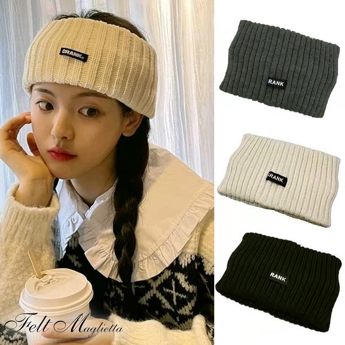 GRAPE楽譜アルファベット ニット ファー ヘアバンド イヤーマフ黄色グレー GRAPE楽譜アルファベット ニット ファー ヘアバンド イヤーマフ