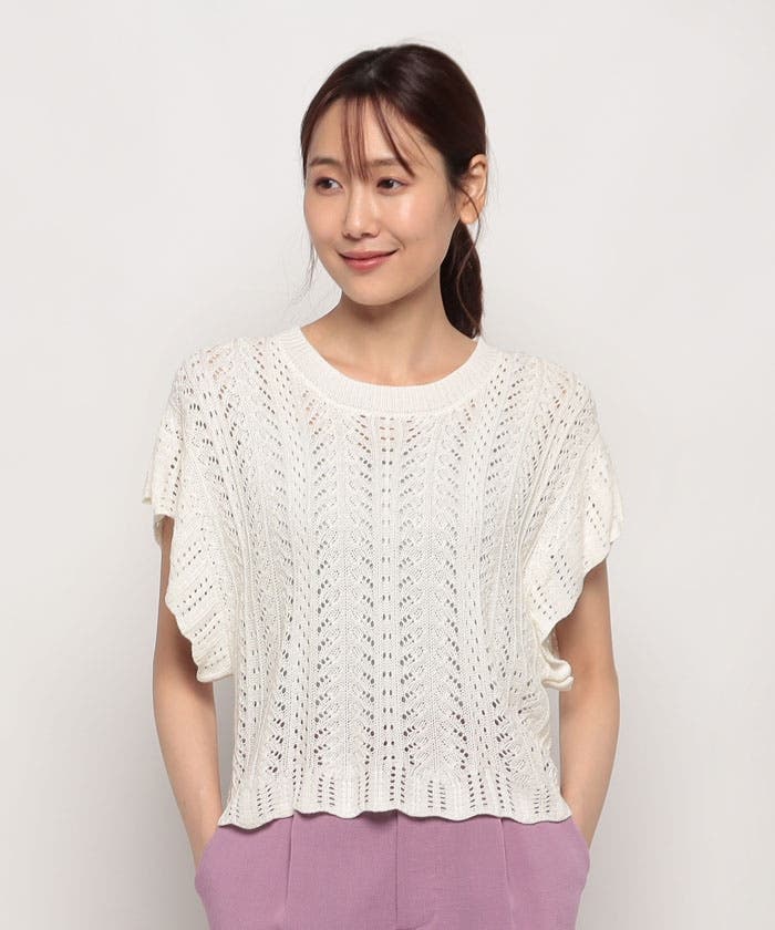 新品 エブール 上質 コットン 透かし編み ハーフスリーブニット M アイボリー 新品 エブール 上質 コットン 透かし編み ハーフスリーブニット