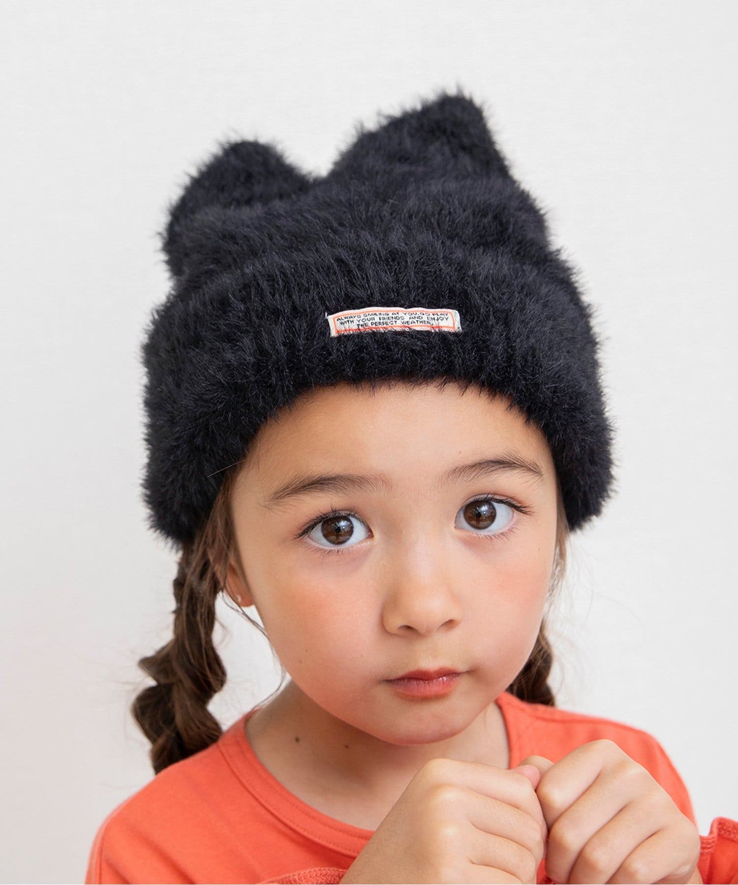 北棚　シナモンウサギ耳付ファーバッグヘアバンドループ付タオル刺繍ポンポンニット帽 うさぎ耳ニット帽*秋冬用 ベビー キッズ 毛糸帽子耳つき 帽子