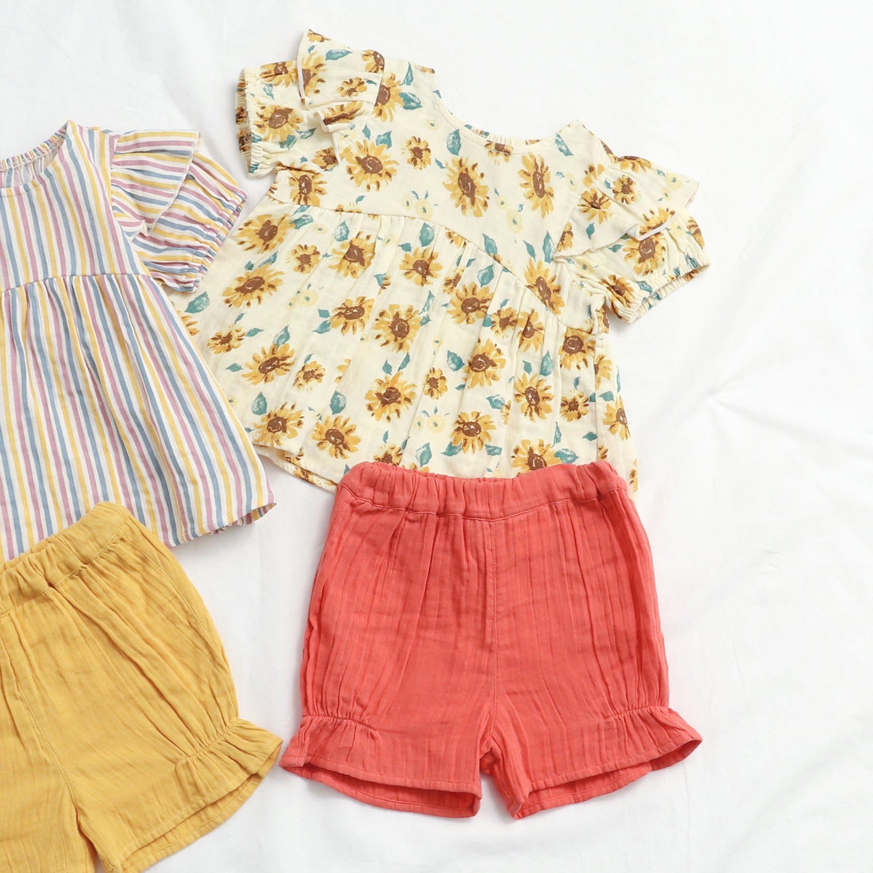 ストライプ・ひまわり柄 袖フリルガーゼパジャマ ショート丈