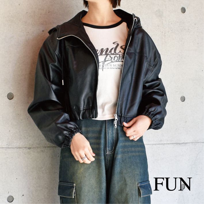 フェイクレザーフードブルゾン[品番：TRNW0001520]｜FUN（ファン