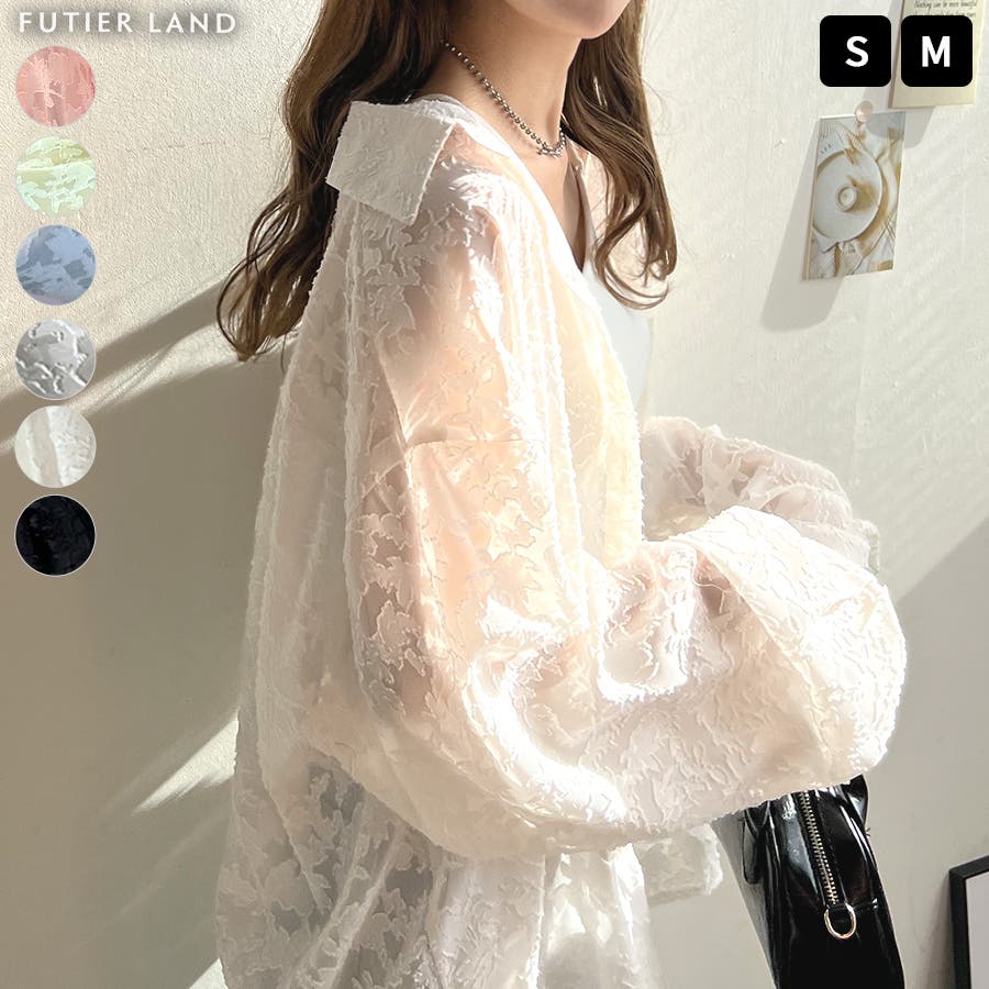 ♪新品　ボリューム　フラワー　レース　ジャケット シャツ　シアー　白　カーキ 10234217c10.jpg