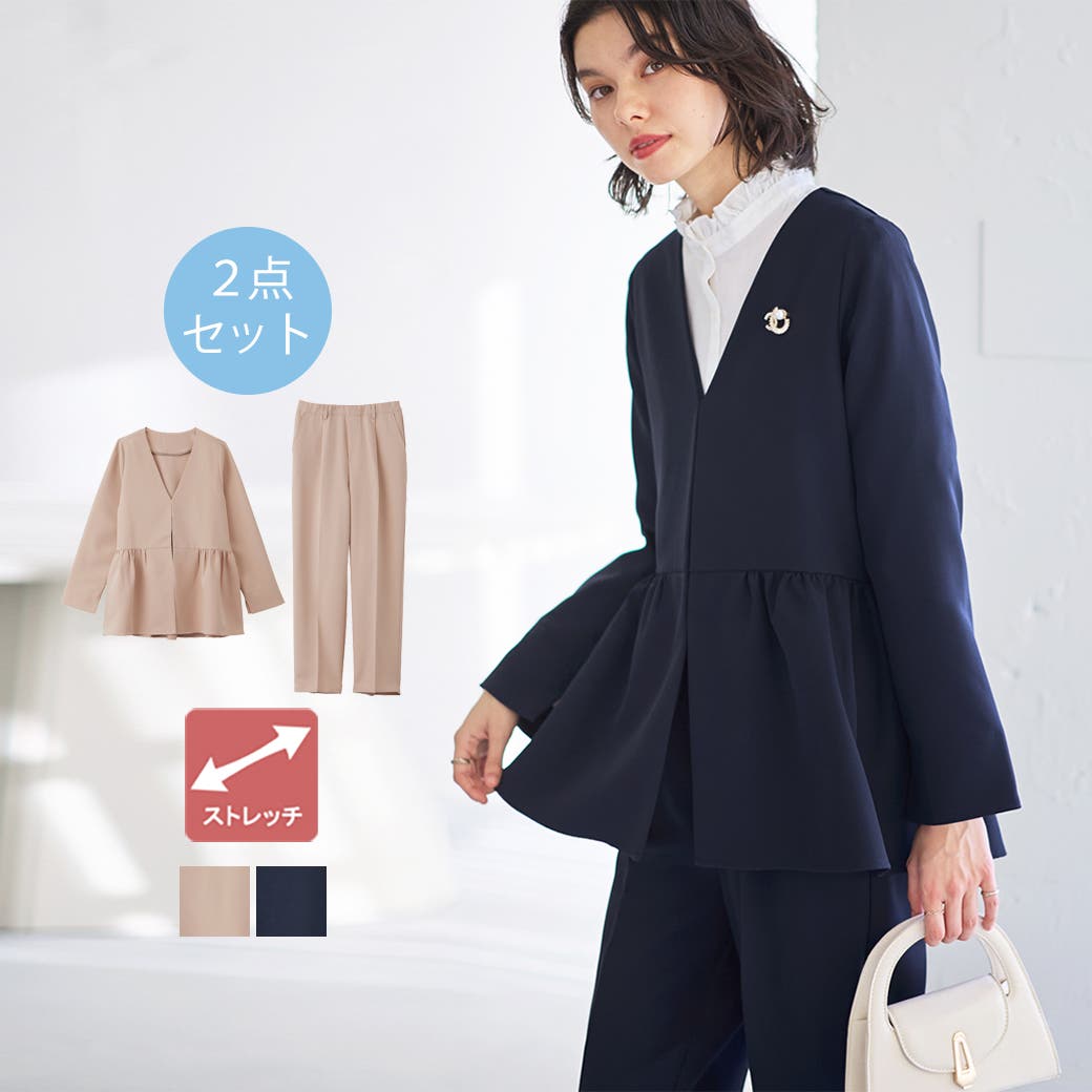 2点セット】ペプラムジャケットセットアップスーツ[品番：GERW0010904