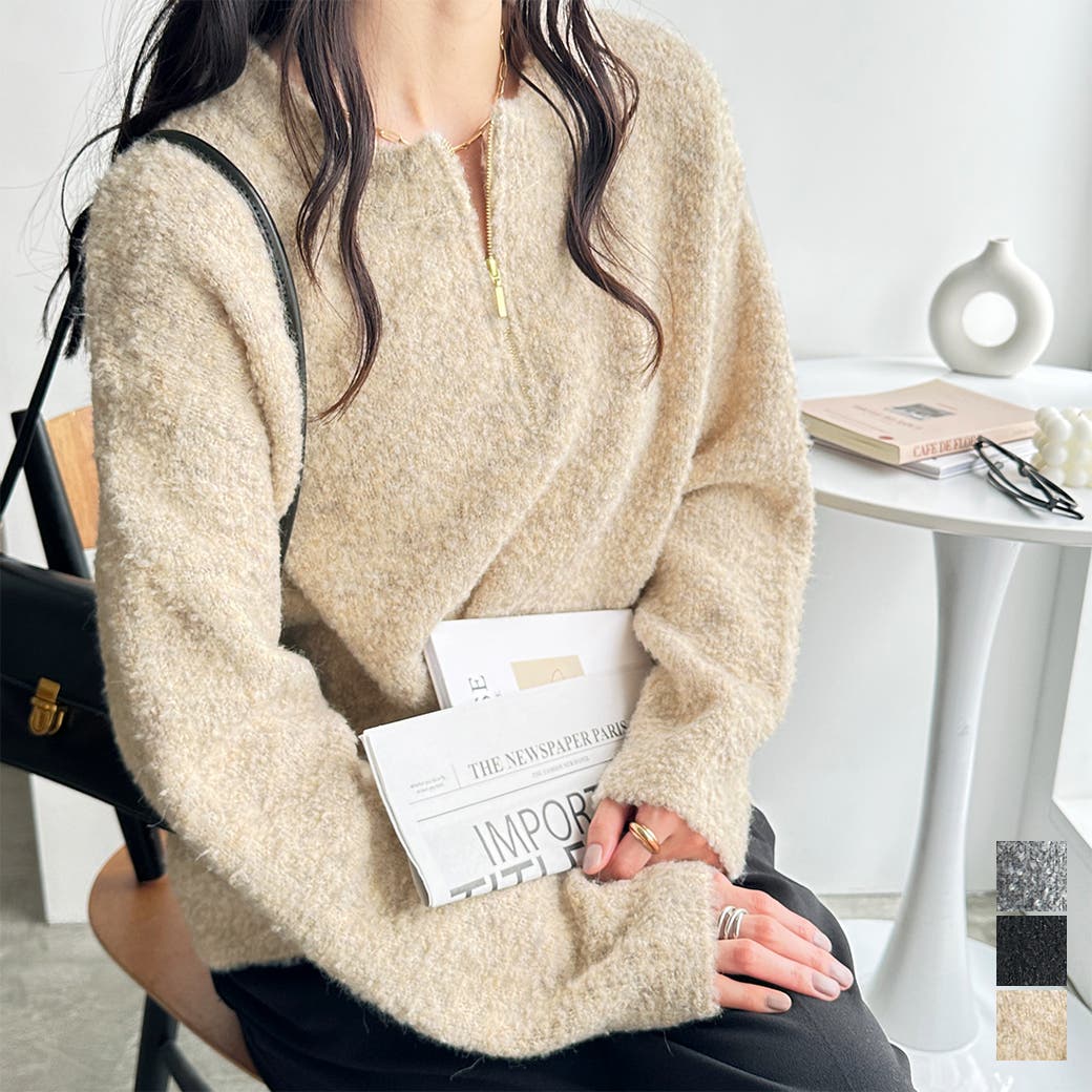 新作G/FOREジーフォアレディースハーフジッププルオーバーsizeLベージュ ハーフジップミックスニットプルオーバー[品番：GERW0011099]｜GeeRA