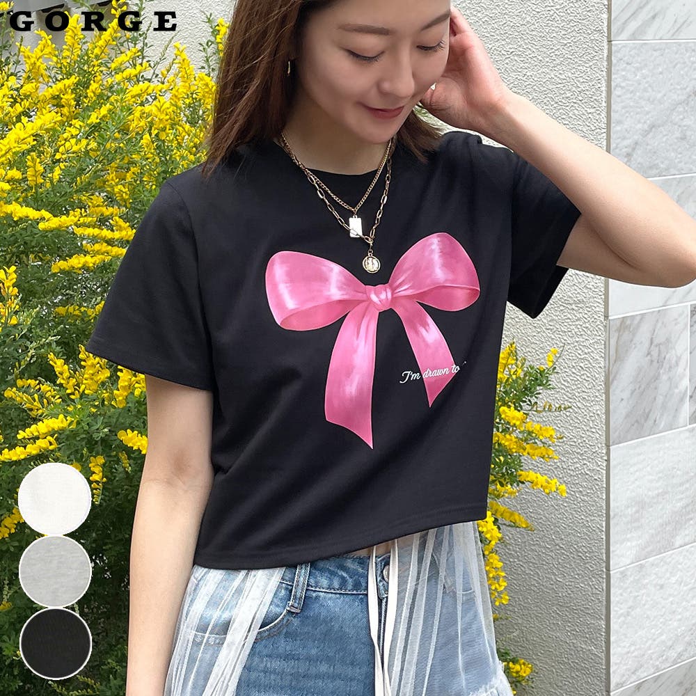 tシャツ 「F」Ｔシャツ　袖リボン レディース セール】リボンプリント半袖Tシャツ（Tシャツ/カットソー