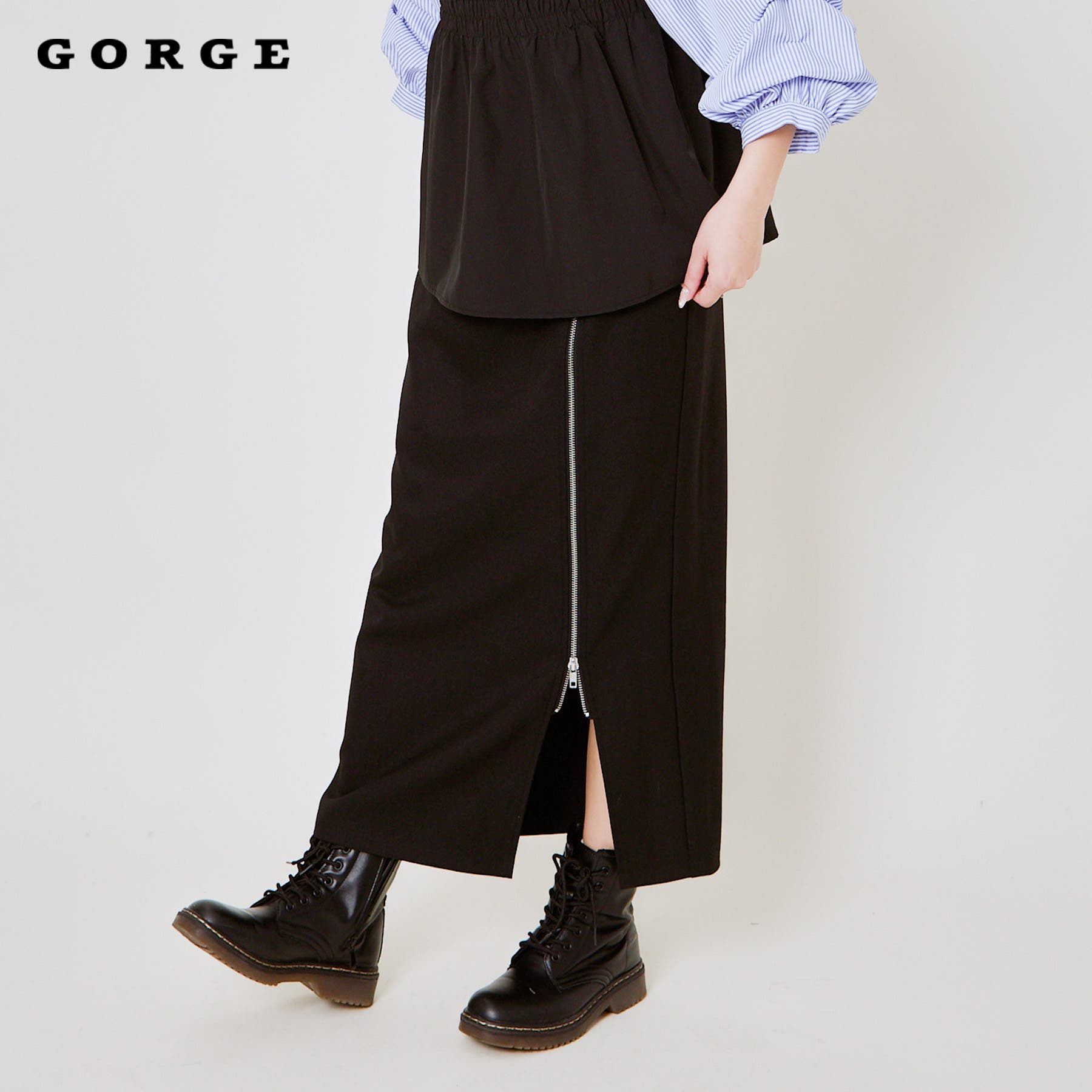 グラビル　zipスカート ZIP-UP FRINGE DENIM FLARE SK/ジップアップフリンジデニム