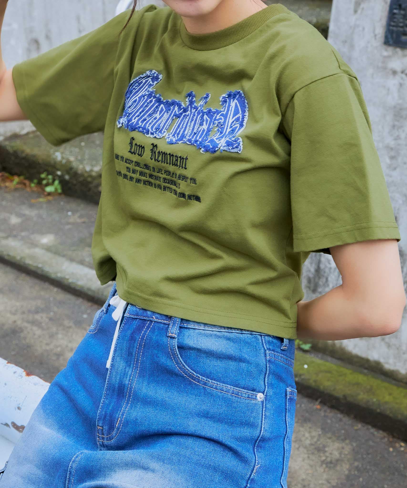 デニムフリンジ×クロップド丈》レディース 半袖Tシャツ ロゴデザイン 