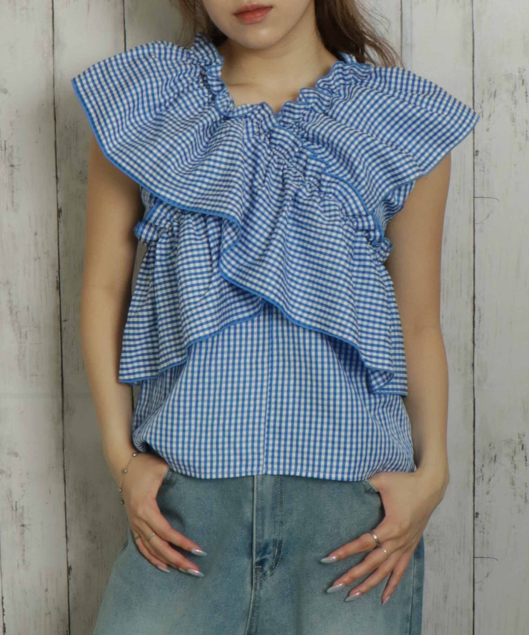 ひらっと重なる》クロスギャザーフリルトップス[品番