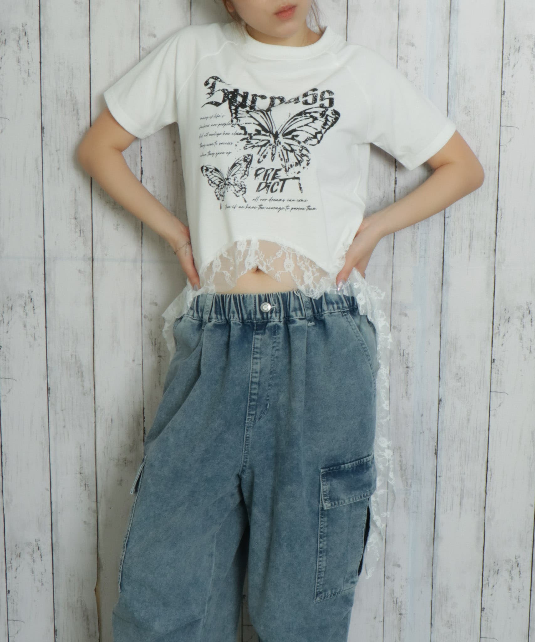 バタフライ×ロングレース裾》レディース 半袖Tシャツ Y2K[品番