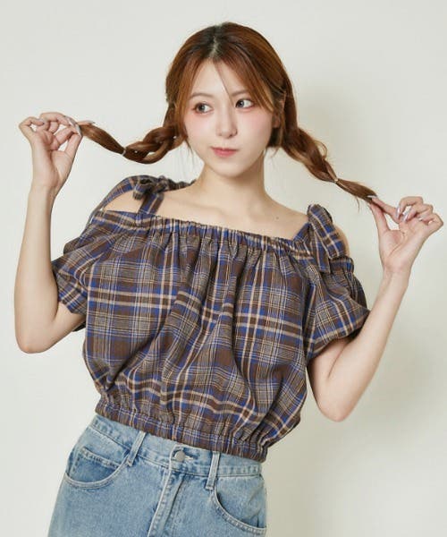 【タイムセール】アプワイザーリッシェ☆肩リボンオフショルブラウス 肩リボン×ふんわりギャザー》オフショルチェックブラウス／クラシカル