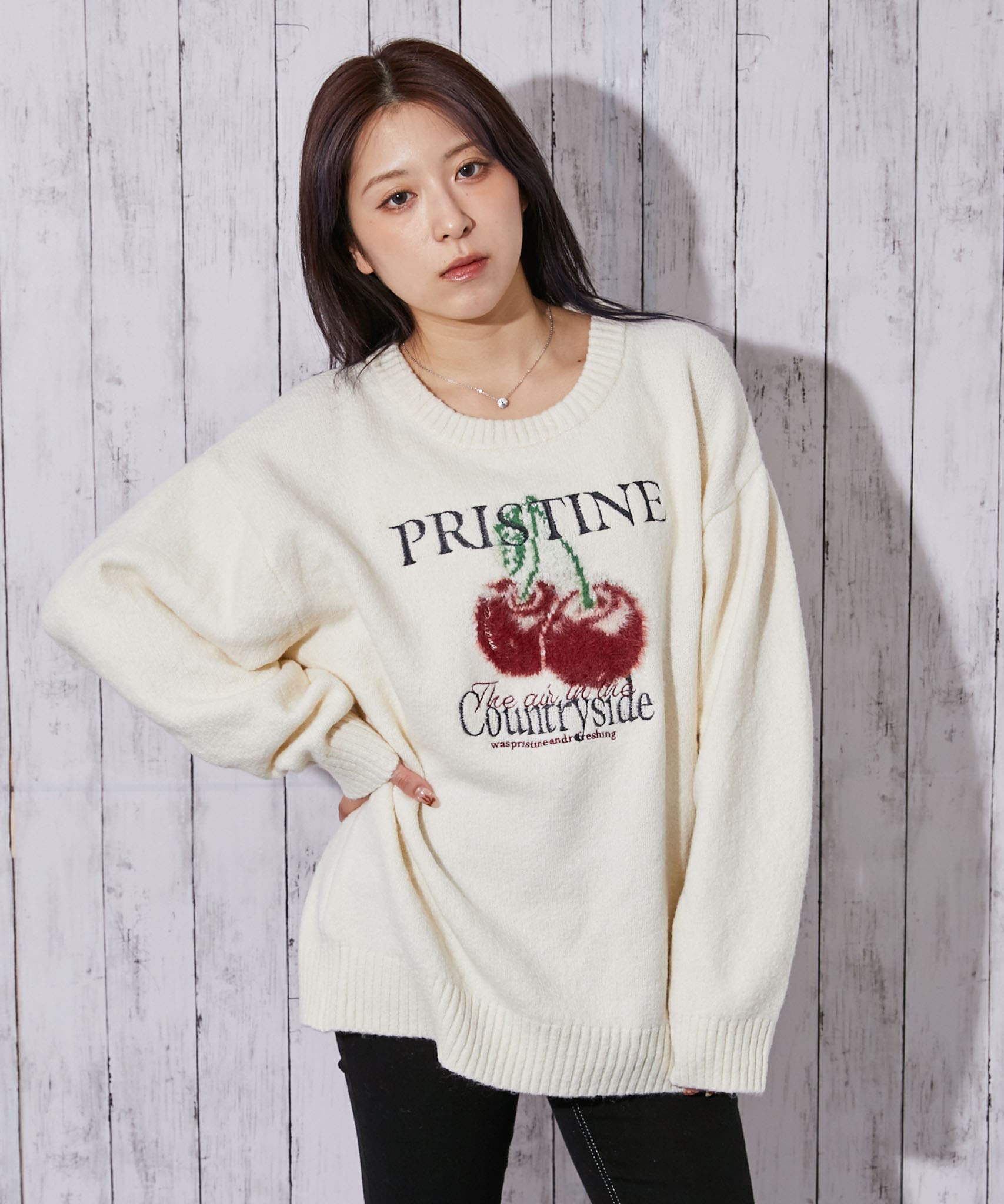 ロゴ刺繍×フルーツモチーフ》レディース ニット プルオーバー 秋冬