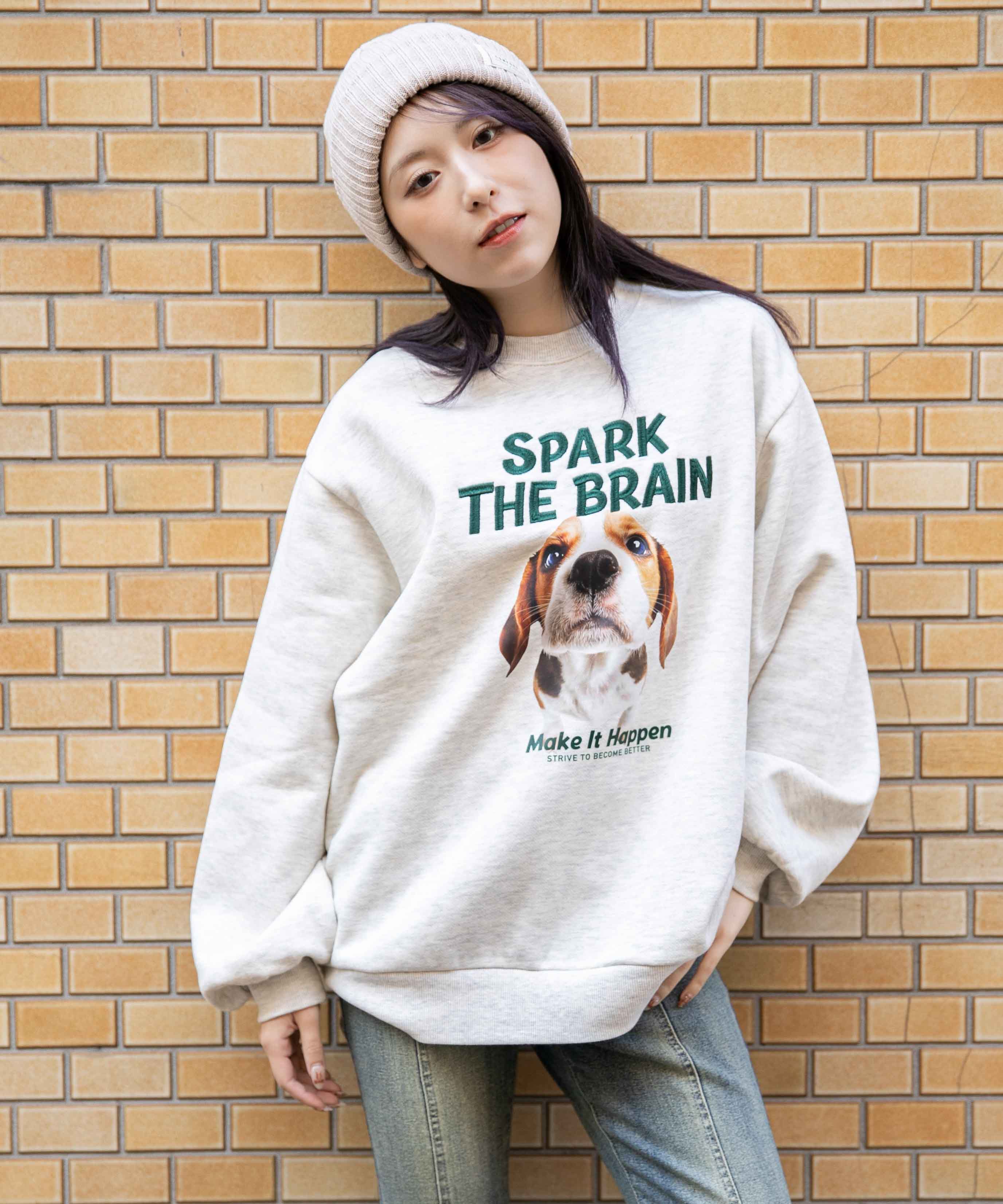 犬プリント×立体ロゴ刺繍》レディース 裏起毛 スウェット[品番