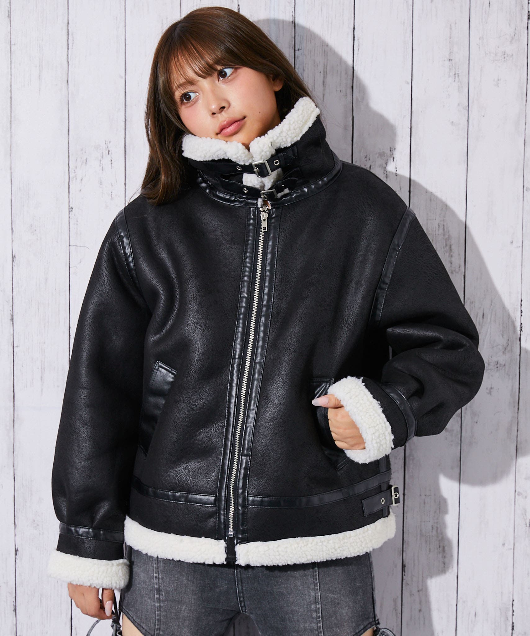 ムートンコート ボアコート ヴィンテージデニムムートンB-3クロップド