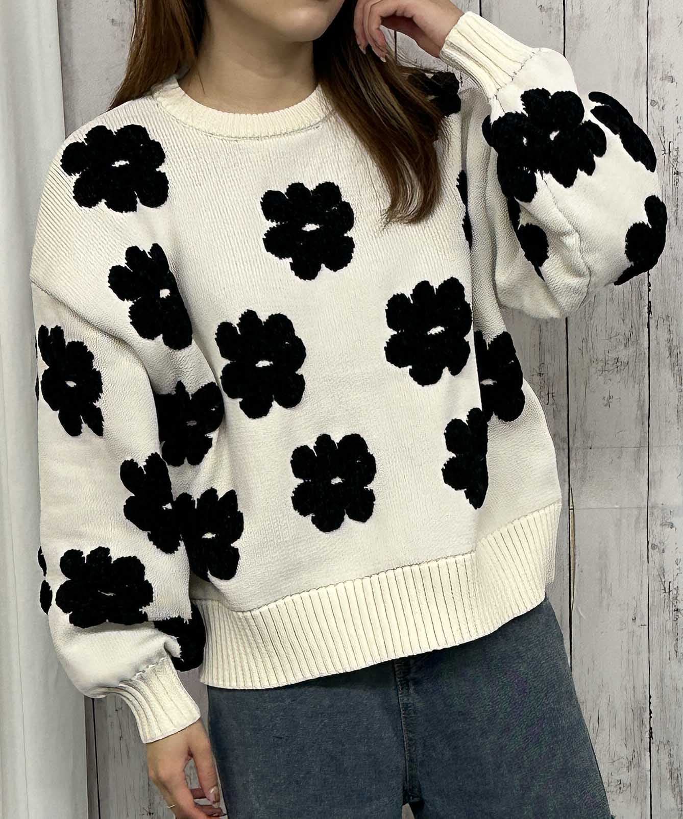 フラワーモチーフ×立体デザイン》レディース ジャカードニットプル