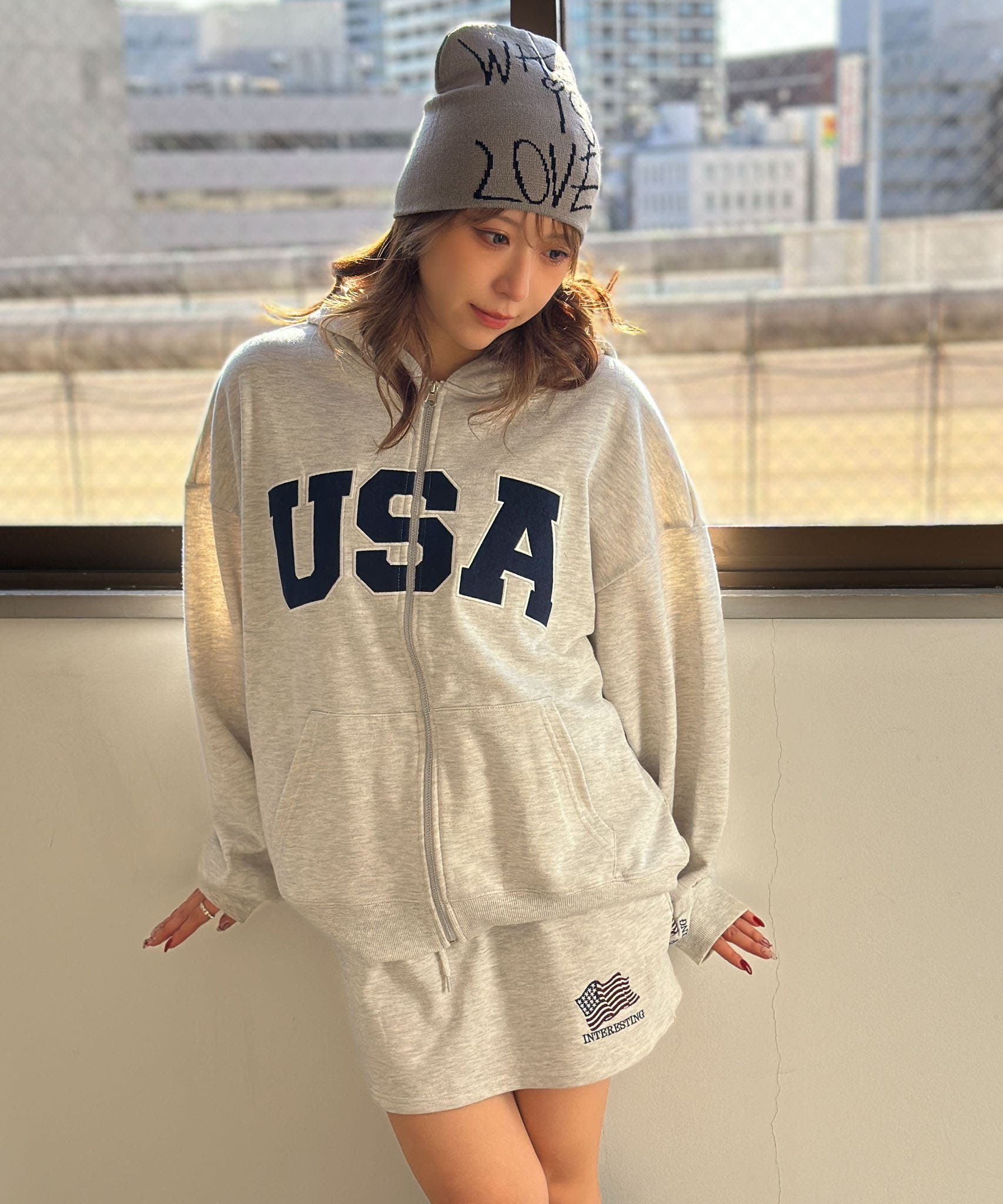 USAロゴ×星条旗袖刺繍》裏毛ZIPパーカー／秋冬春 セットアップ可