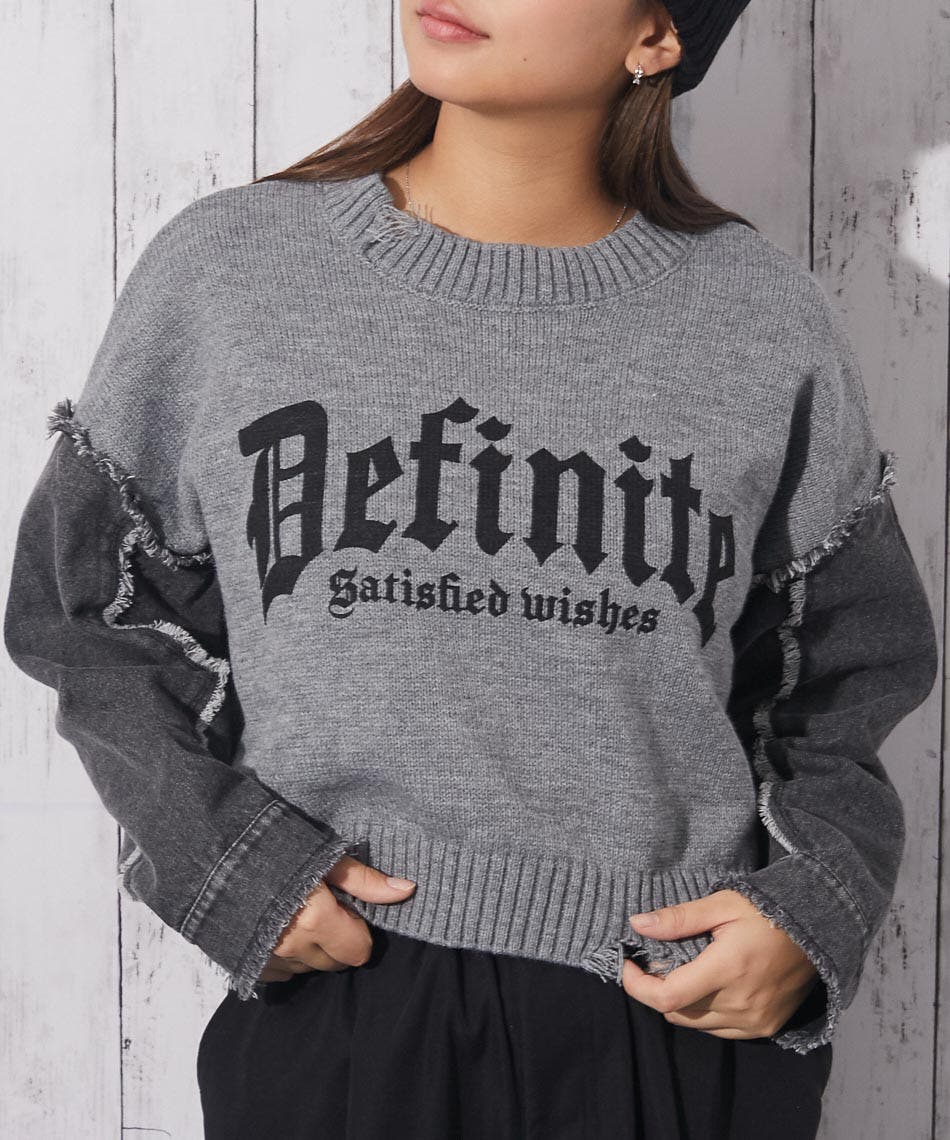 ダメージ×デニムスリーブ》レディース ロゴニット クロップド丈 秋冬