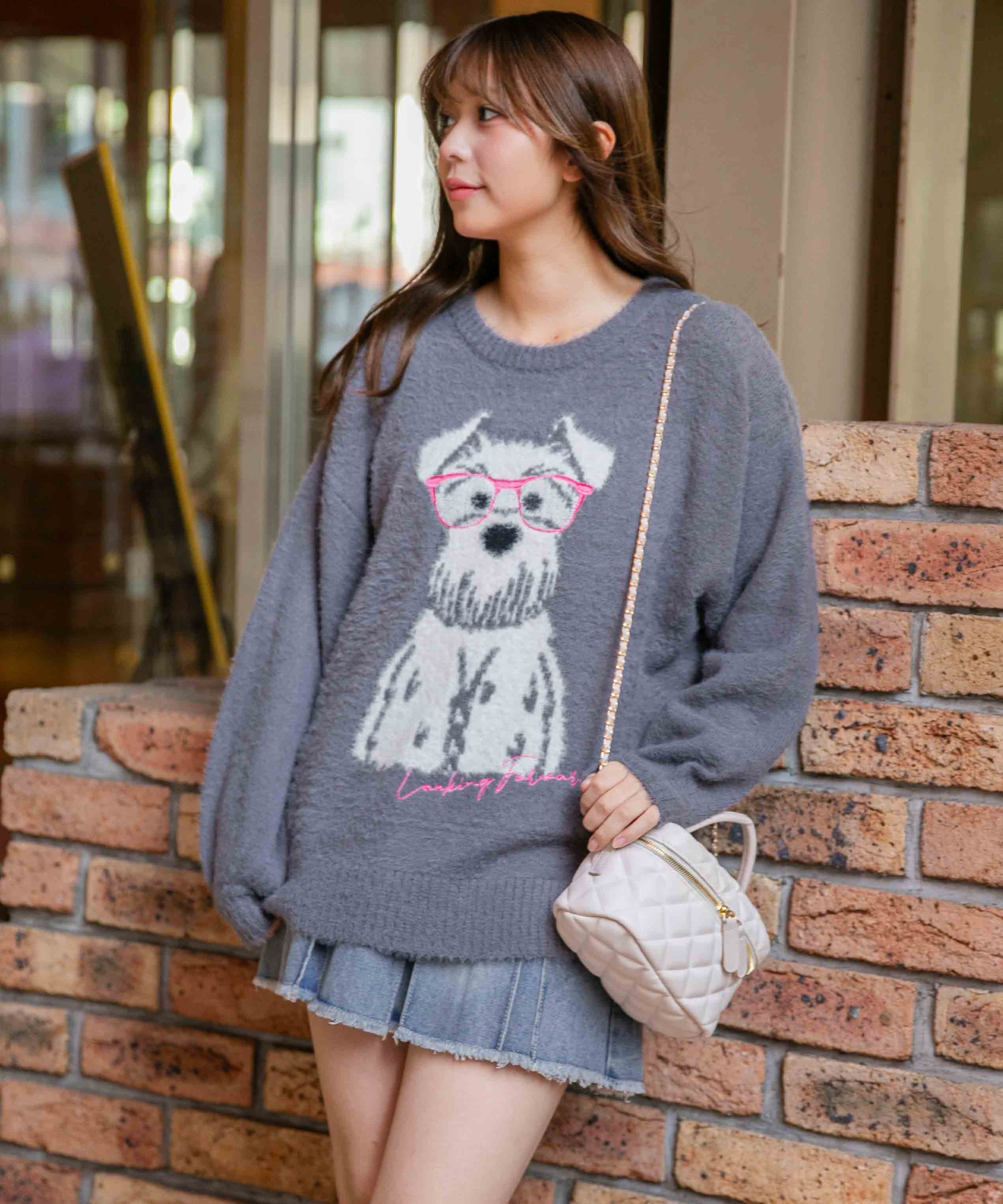 ふわモコ質感×メガネわんこ柄》大人可愛い遊び心ニット シュナウザー