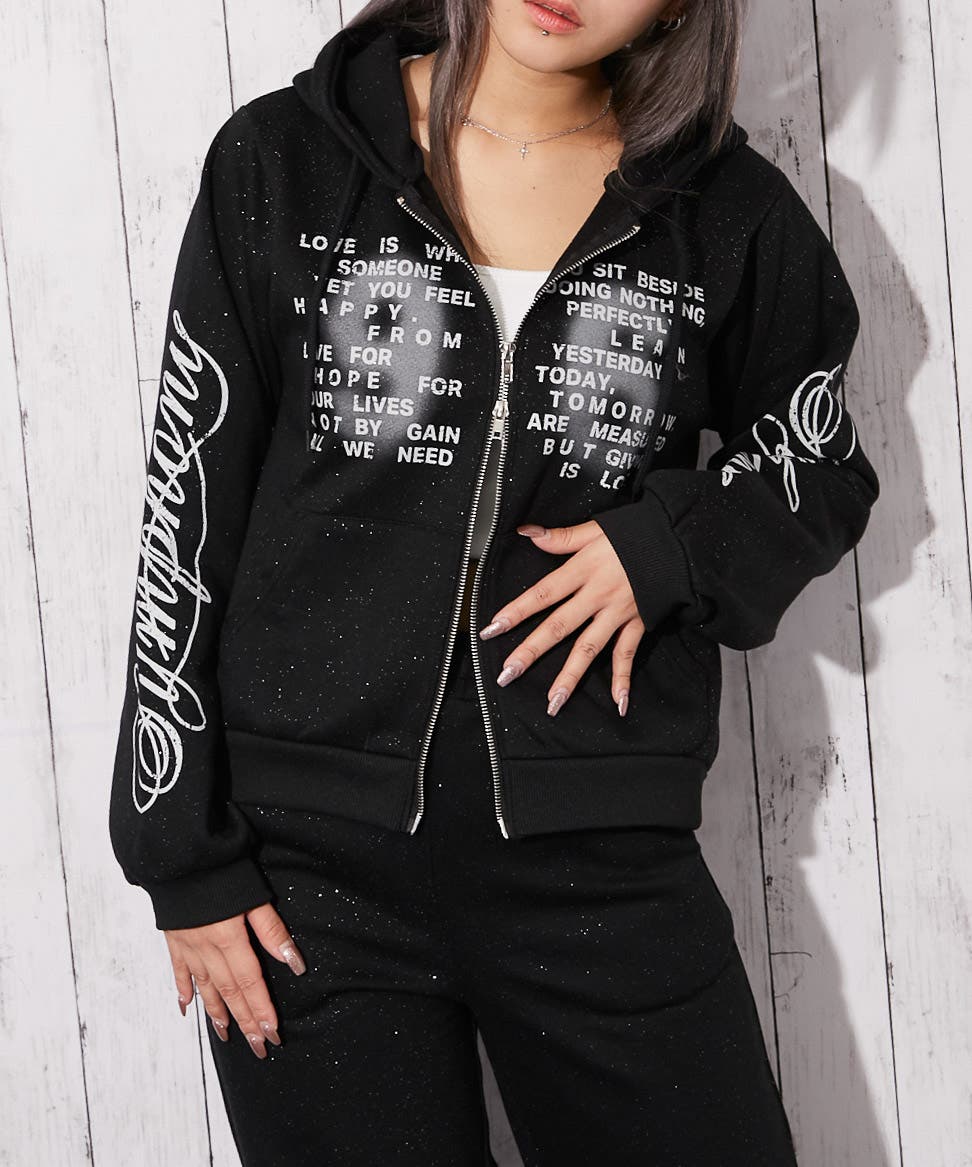 CH ロゴデザイン 黒 ジップアップパーカー 英字ロゴ×裏起毛》セットアップ対応◎ジップパーカー[品番