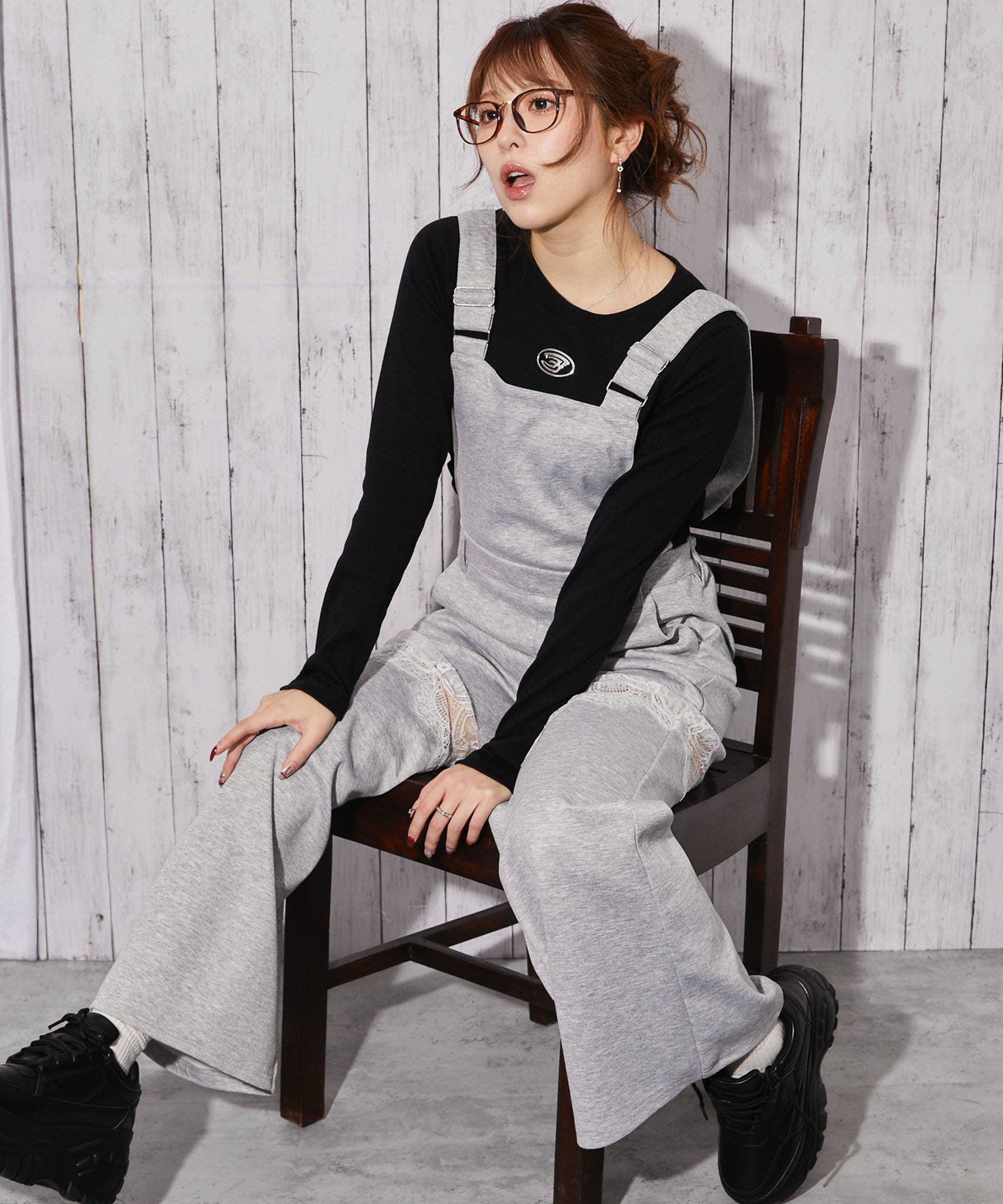 裏毛素材×レース切替》ワイドサロペット パンツ オールインワン 春