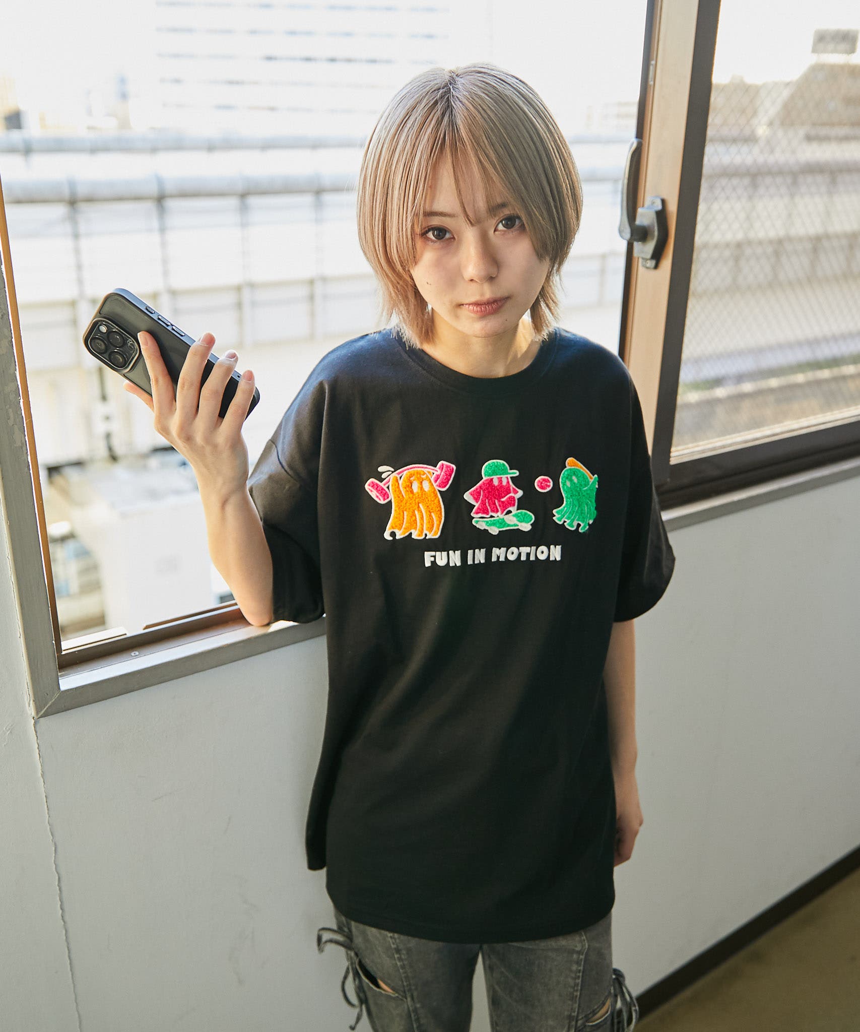 おばけ×サガラ刺繍》BIGTシャツ／ストリート／春夏／全2色[品番