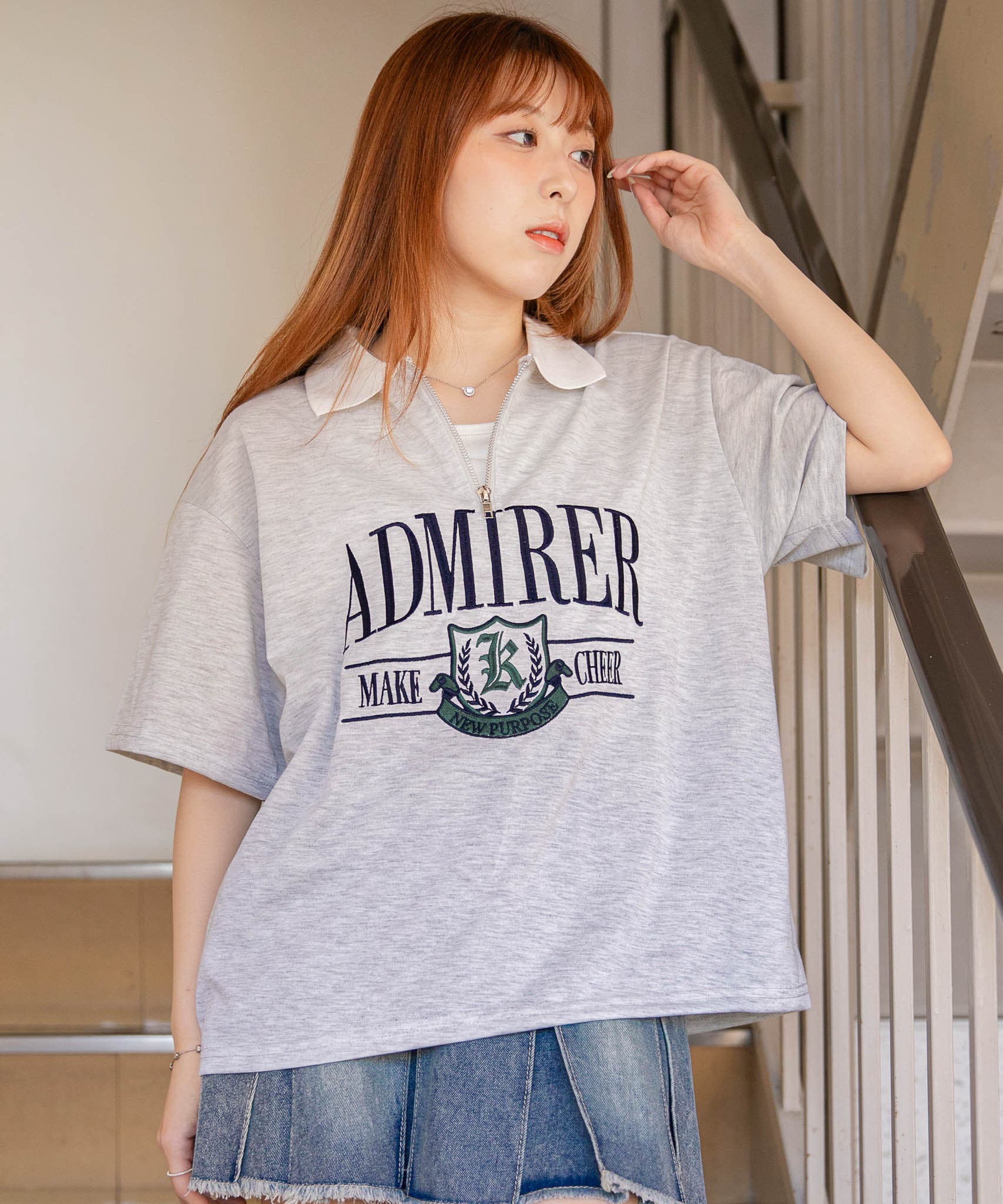 カレッジロゴ刺繍×ハーフジップ》カットソー／ストリート／春夏秋／全