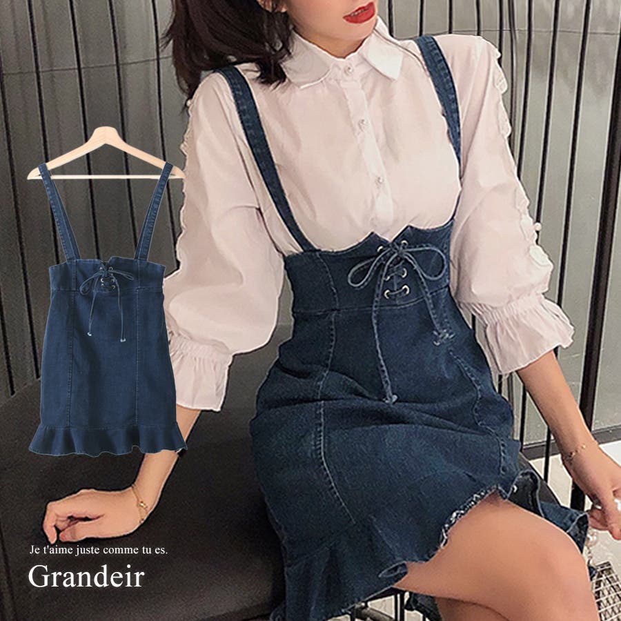 再入荷 レースアップミニ丈デニムジャンパースカート[品番