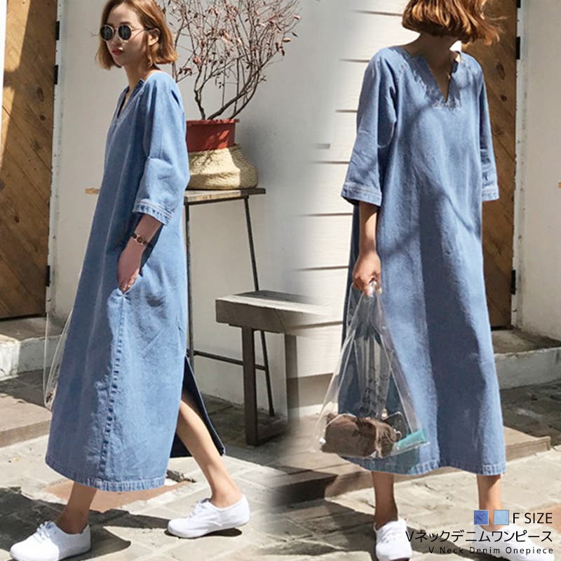 セール】【25th】綿麻デニムVネックワンピース（ワンピース
