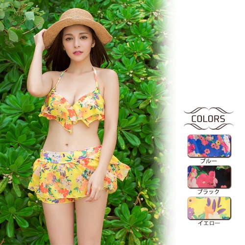 花柄シフォンのビキニ3点セット（水着ビキニ・ワンピース）[品番