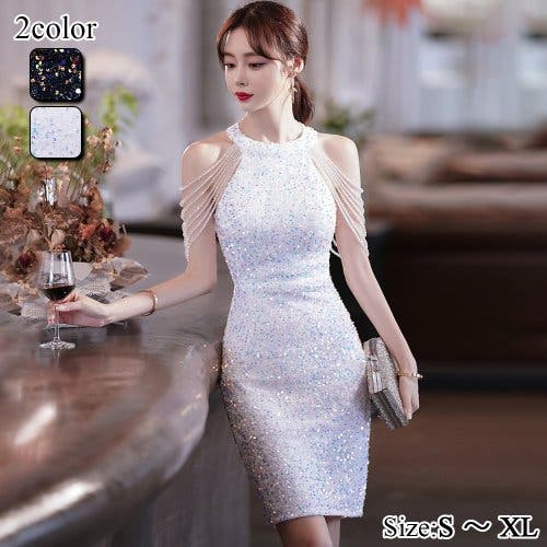 シンプルな上質素材ドレス❤️年中使えるひざ丈美しいシルエット ネックデザインとタイトシルエットが魅力的なパーティードレス[品番