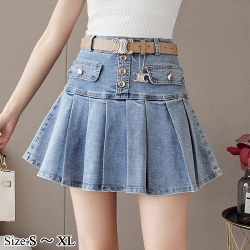【GUMZZI】デニム生地レース付きフレアミニスカートto28669 ストレッチデニムプリーツミニスカート(SKIRT)[品番
