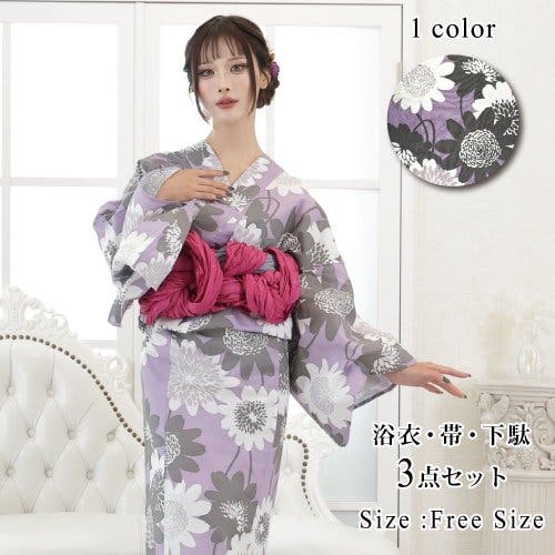 太陽のように咲いた雛菊かすみモノトーン浴衣3点セット(YUKATA)[品番