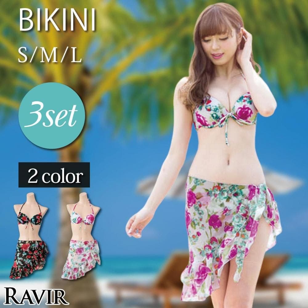 ローズ柄パレオ付きビキニ3点セット(水着・ビキニ)[品番：GXAW0004107