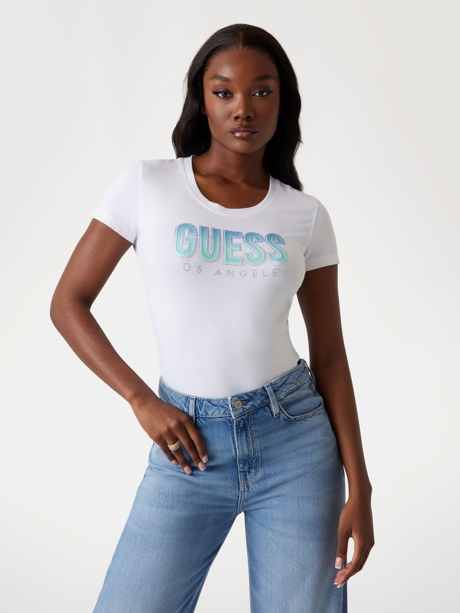 GUESS] CN Ss Glitter Degrade Logo Tee[品番：GUEW0009808