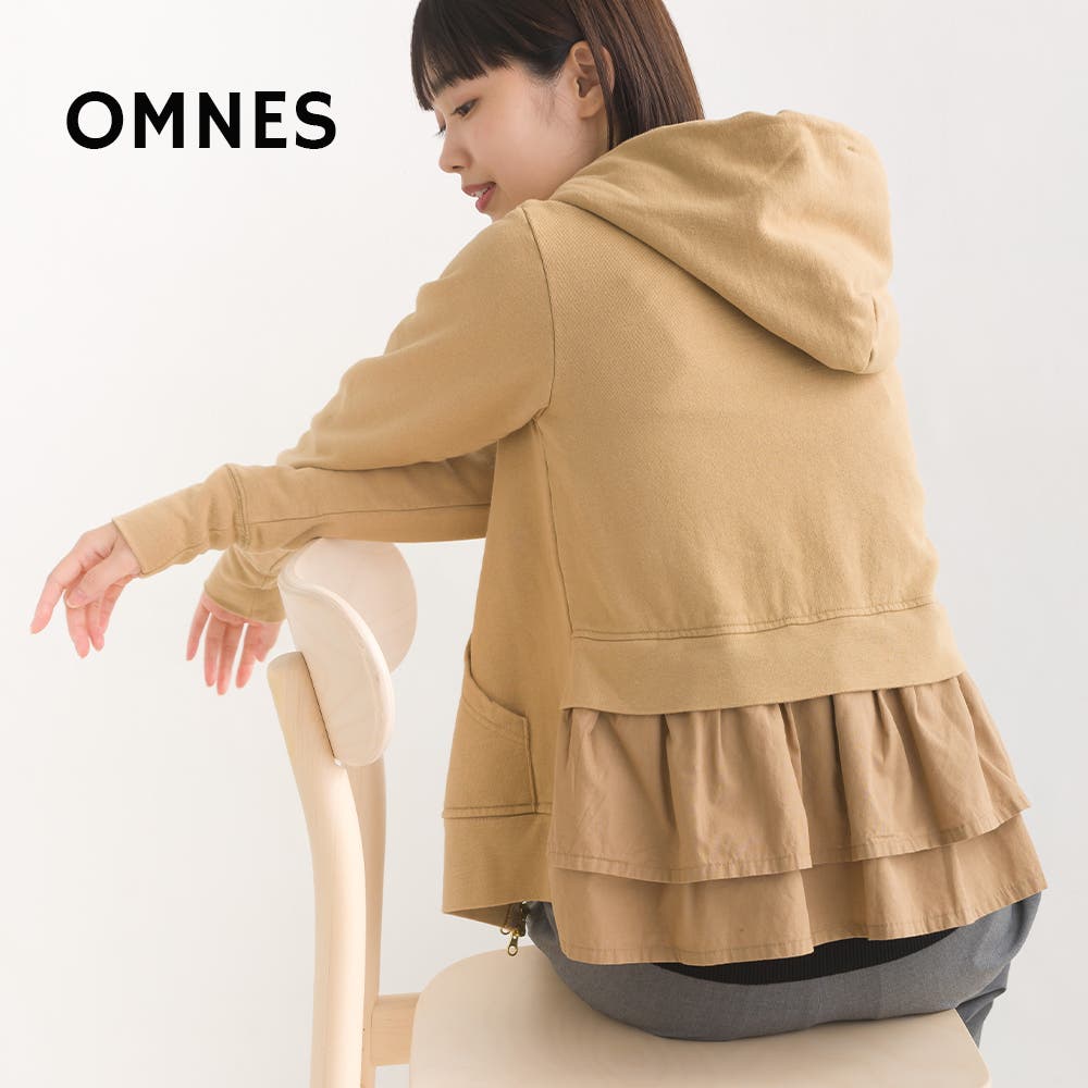 OMNES】裏起毛スウェット後ろフリルダブルジップパーカー[品番
