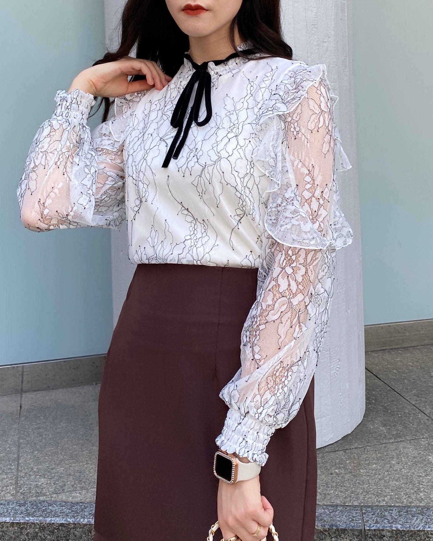 INGEBORG レース フリル シャツ ブラウス 半袖 リボン レース