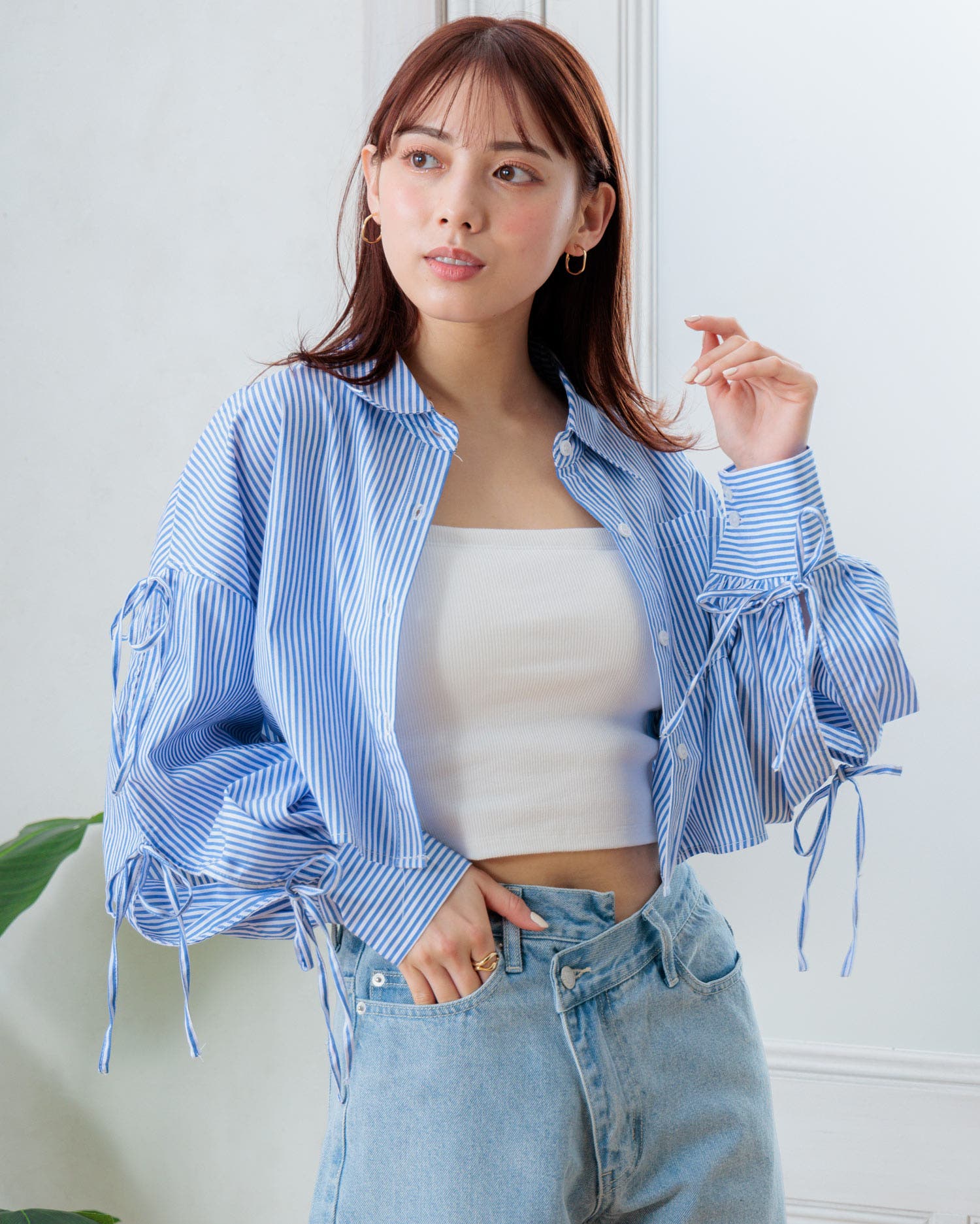 Yori 2024SS ストライプティアードブラウス 春夏 ヨリ ブルー 洗える  