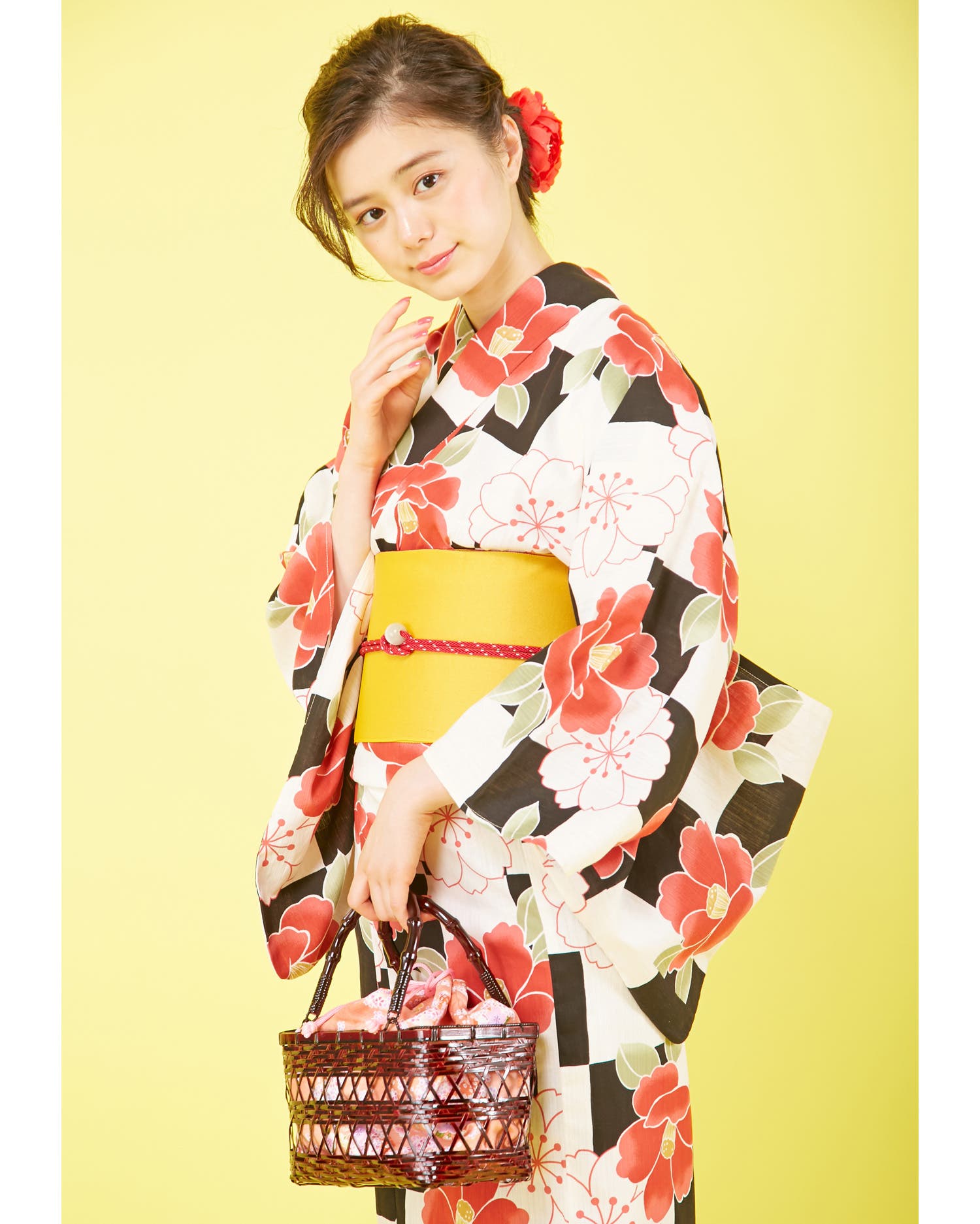 INGNIイング　みちょぱ着用椿の柄の浴衣と半幅帯　真田紐と帯留めのセット coordinate66363_rl_.jpg