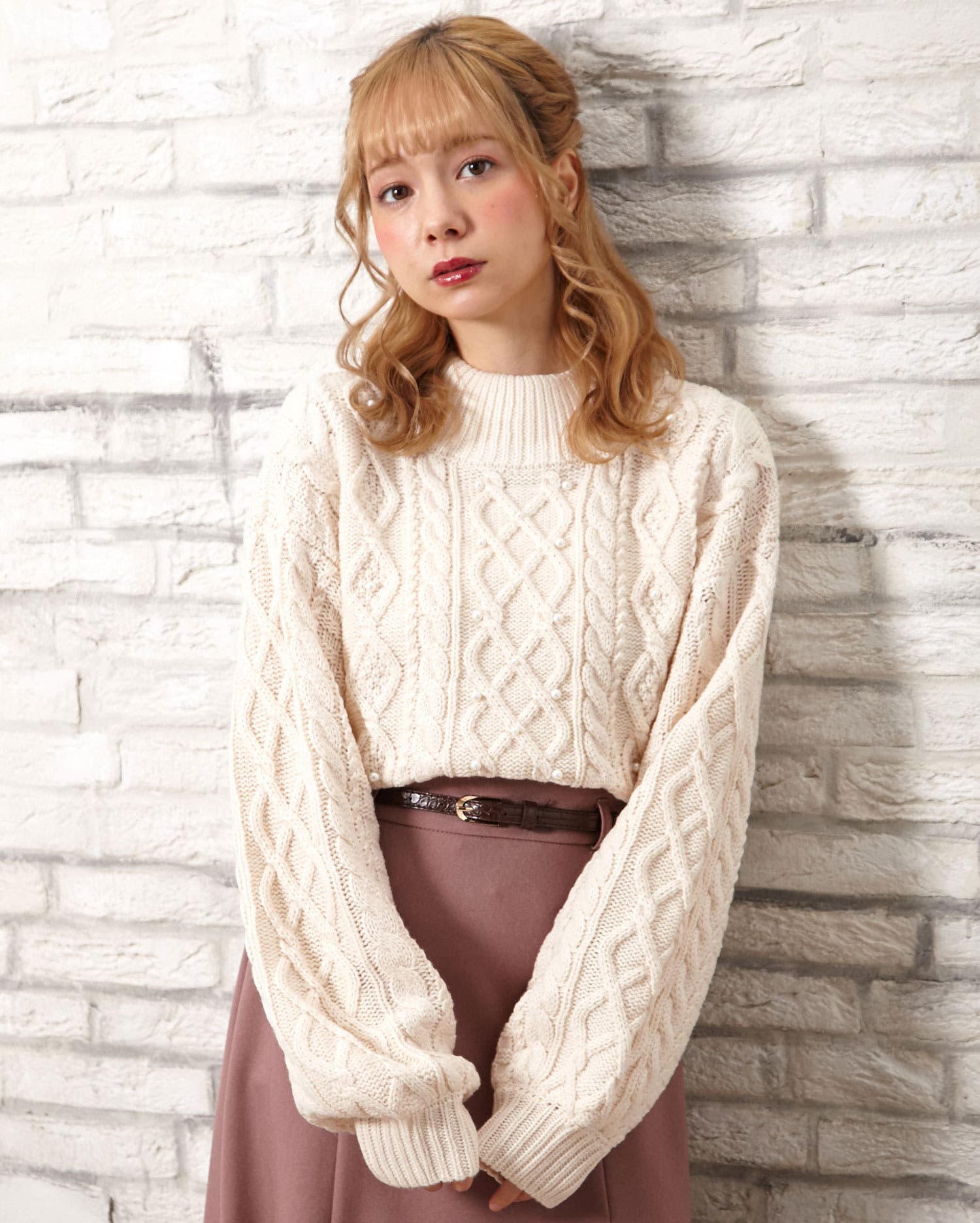 M´S GRACY フラワー パール ケーブル ニット セーター レッド 40