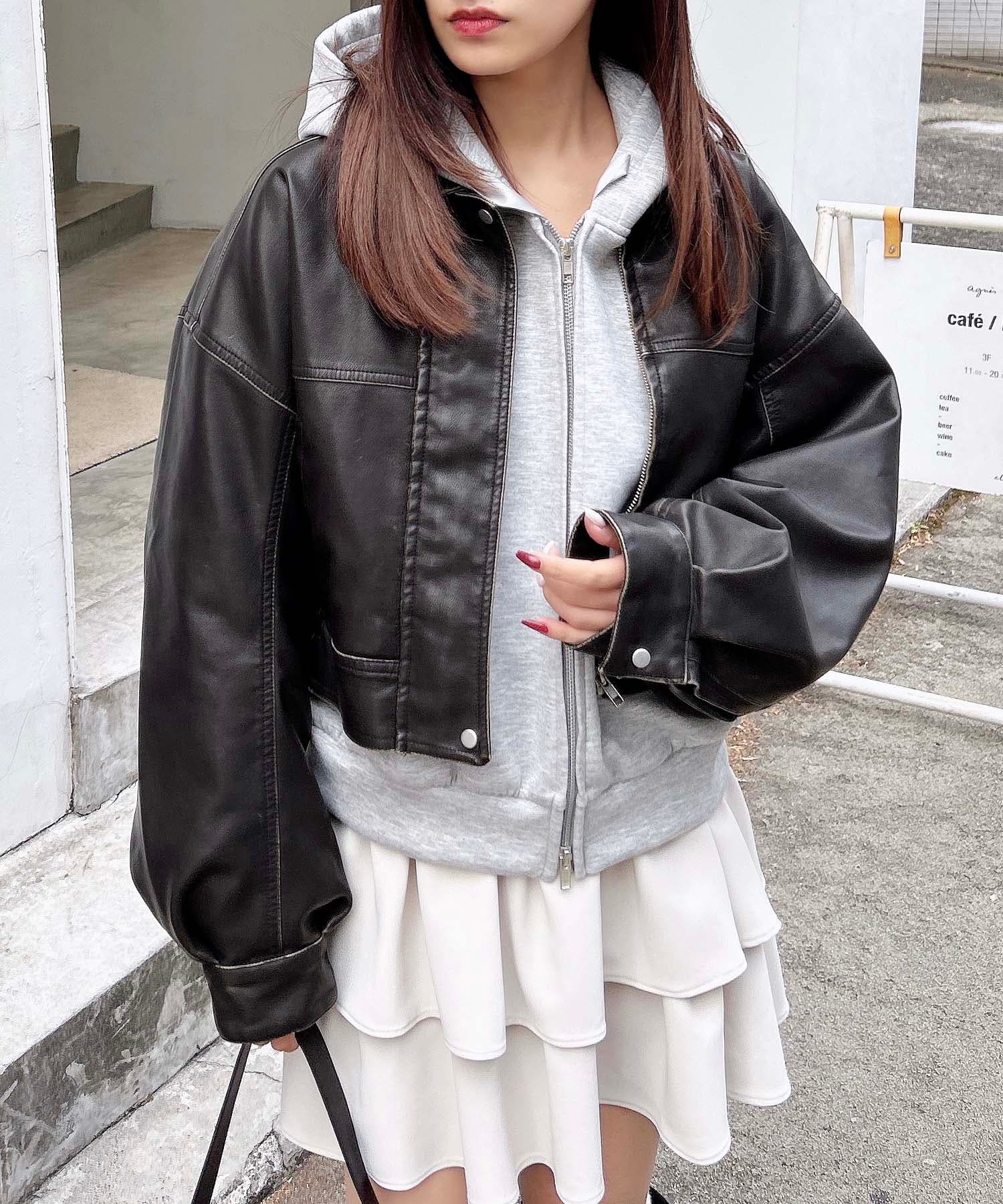 ヴィンテージライクフェイクレザーショートブルゾン[品番：INGW0010519